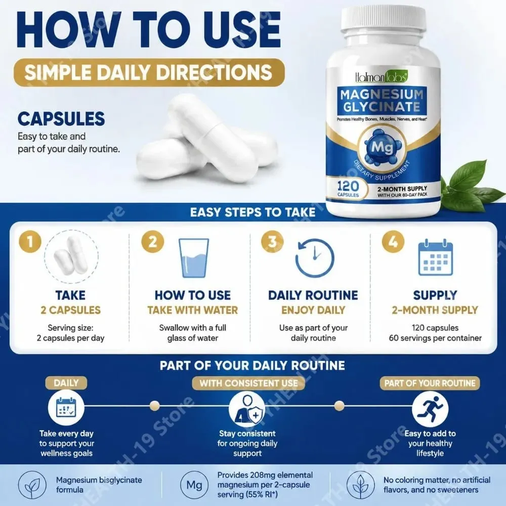 Cápsulas de glicinato de magnésio com 208mg de bisglicinato elementar para suporte ósseo, muscular e nervoso saudável, adultos 120 cápsulas