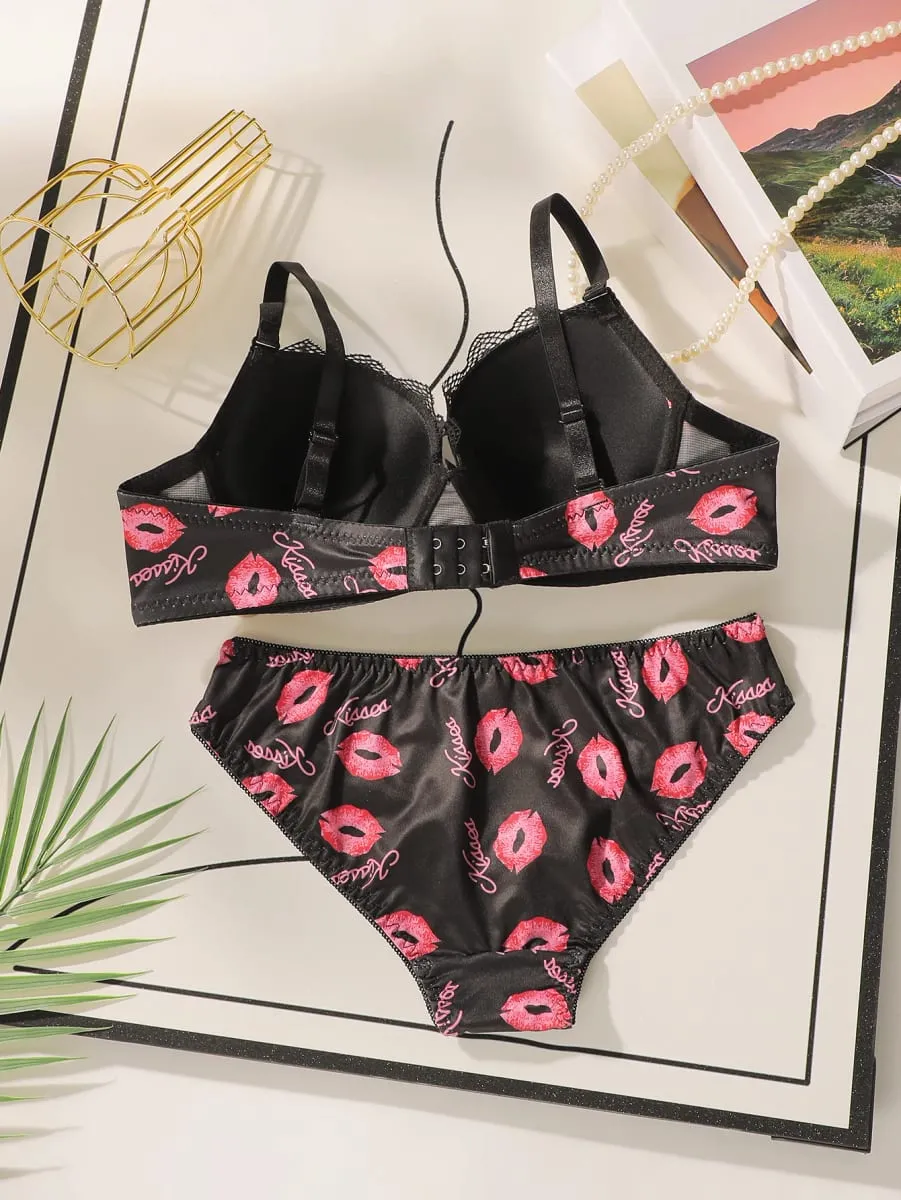 Mulheres de alta qualidade impresso retalhos rendas lingerie sexy conjunto push up underwire sutiã e calcinha conjunto para senhoras conforto ajuste S-XL