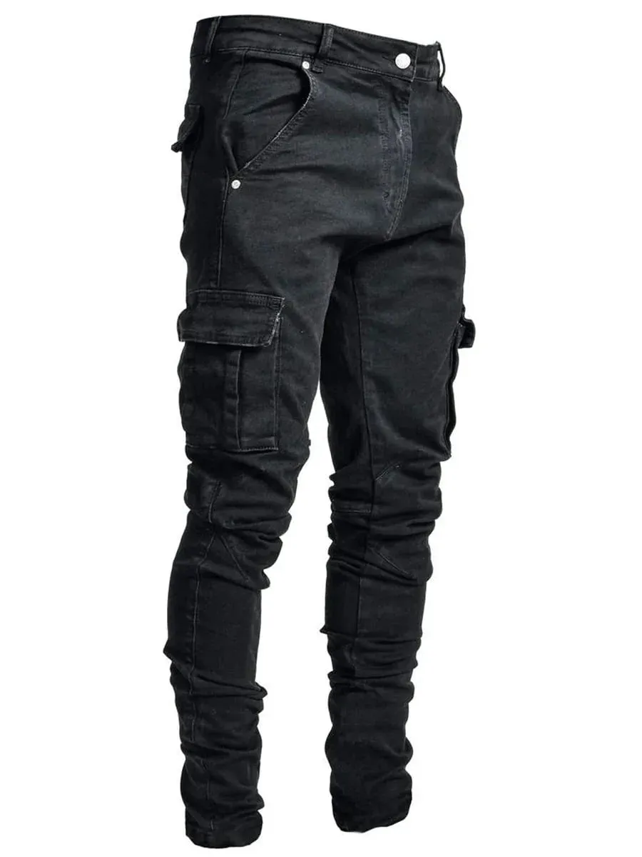 2026 calças jeans masculinas lavar cor sólida multi bolsos denim meados de cintura carga jeans plus size fahsion calças casuais masculino uso diário