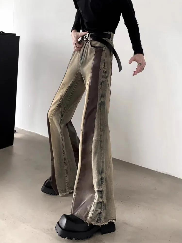 Trashy y2k 2000s couro do plutônio retalhos magro alargamento calças de brim para homens 90s roupas vintage colorblock calças jeans moda hombre