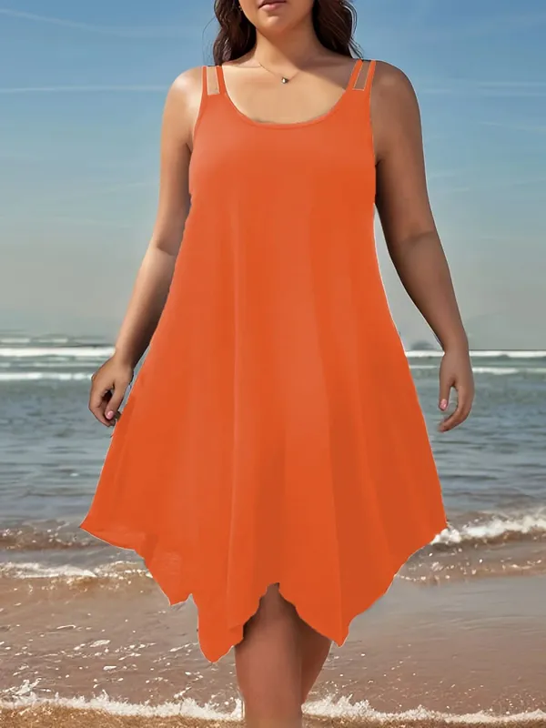 Large women's solid color asymmetrical hem camisole dress