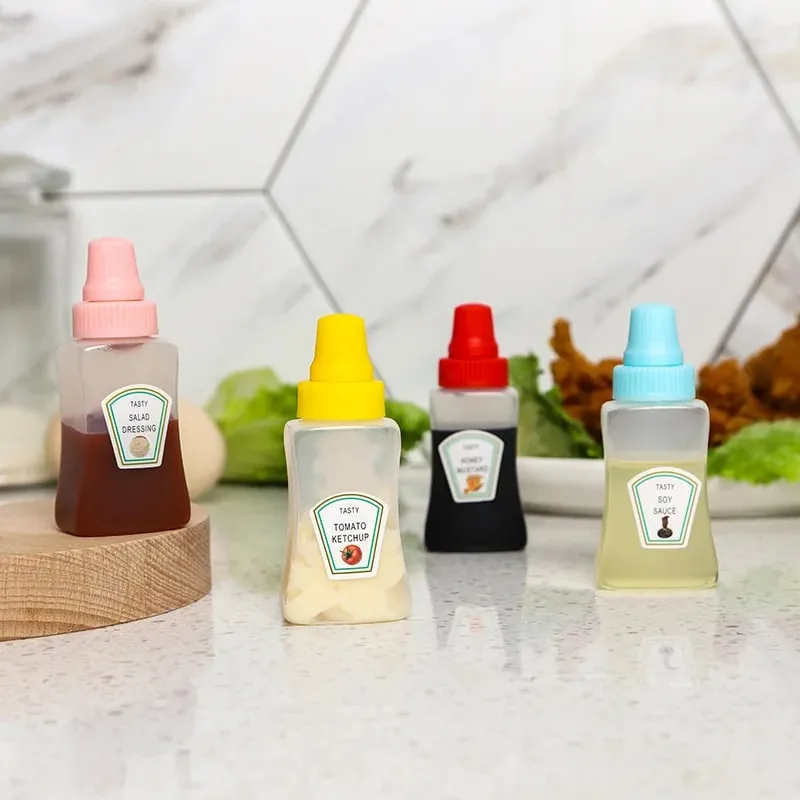 4pcs/set 25ML Mini Tomato Ketchup Bottle Honey Mustard Portable Small Sauce Container Salad Dressing Container Pantry Containers