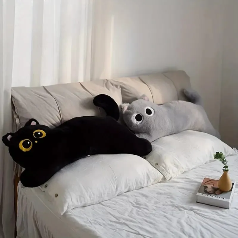 Travesseiro longo de pelúcia para gato preto, travesseiro para dormir, dormitório, perna, almofada, sofá, boneca de pelúcia, casa, sala de estar, travesseiro macio