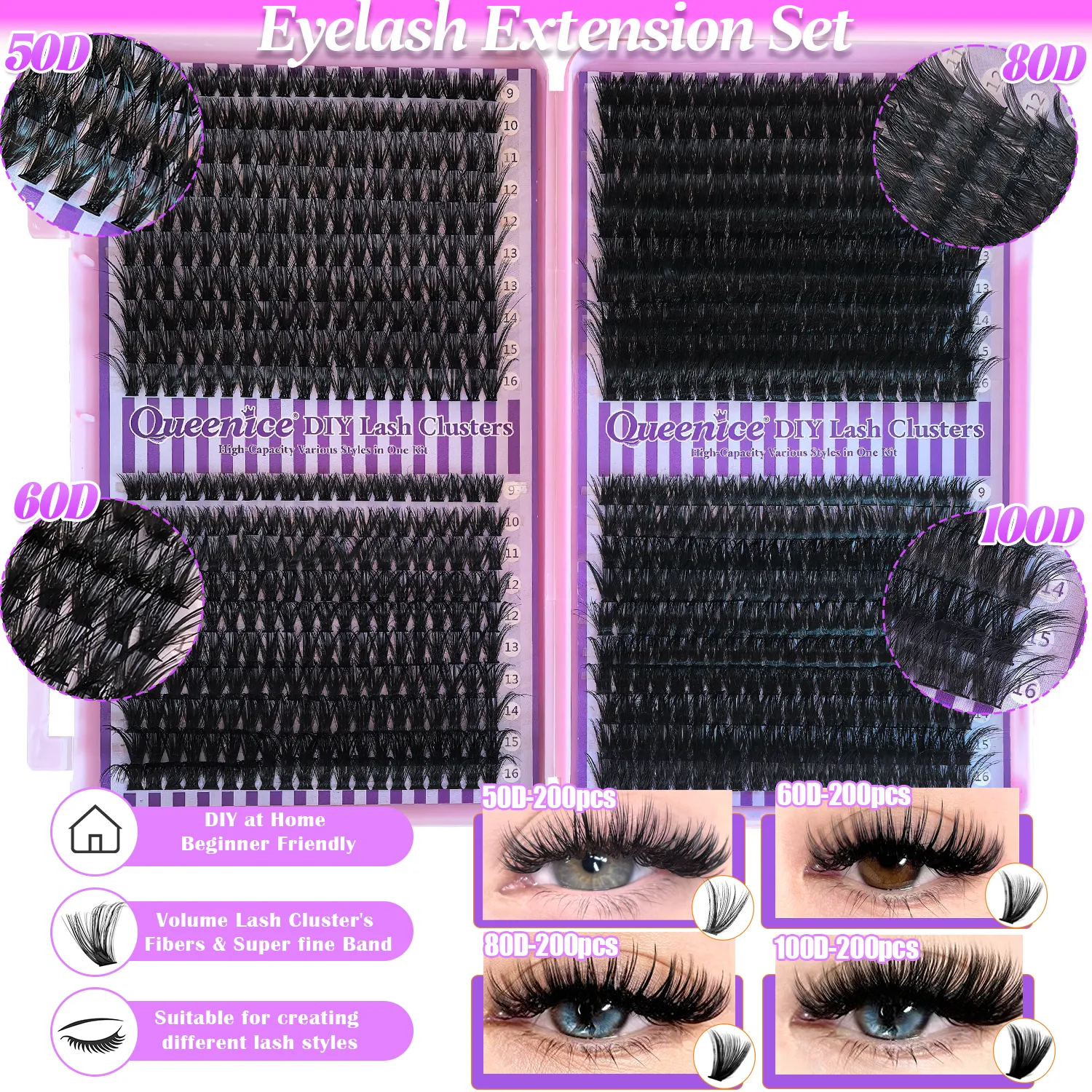 Cílios cluster diy extensão de chicote bandeja mista clusters cílios fofos cílios individuais extensão de chicote de olho de gato
