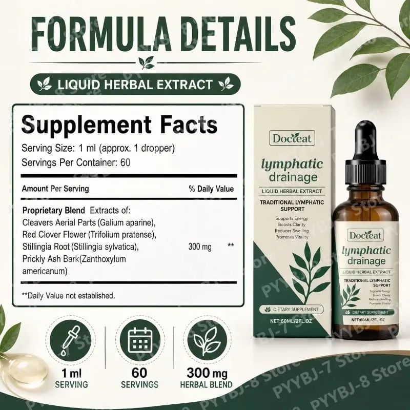 Gotas de drenagem linfática 60ml ajudam a aliviar o inchaço, sistema imunológico, extrato de saúde com cutelos, trevo vermelho, stillingia, cinza espinhosa