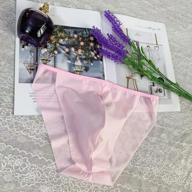 Confortável protuberância bolsa masculina alta corte transparente calcinha de malha cuecas moda sem costura lingerie homem
