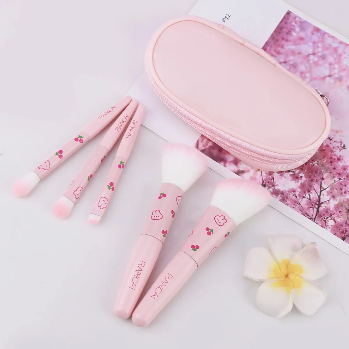 5Pcs Cute Compact Makeup Brush Set With Case Premium Brush for Flawless Foundation Blush Eyeshadow Application Beauty Tools