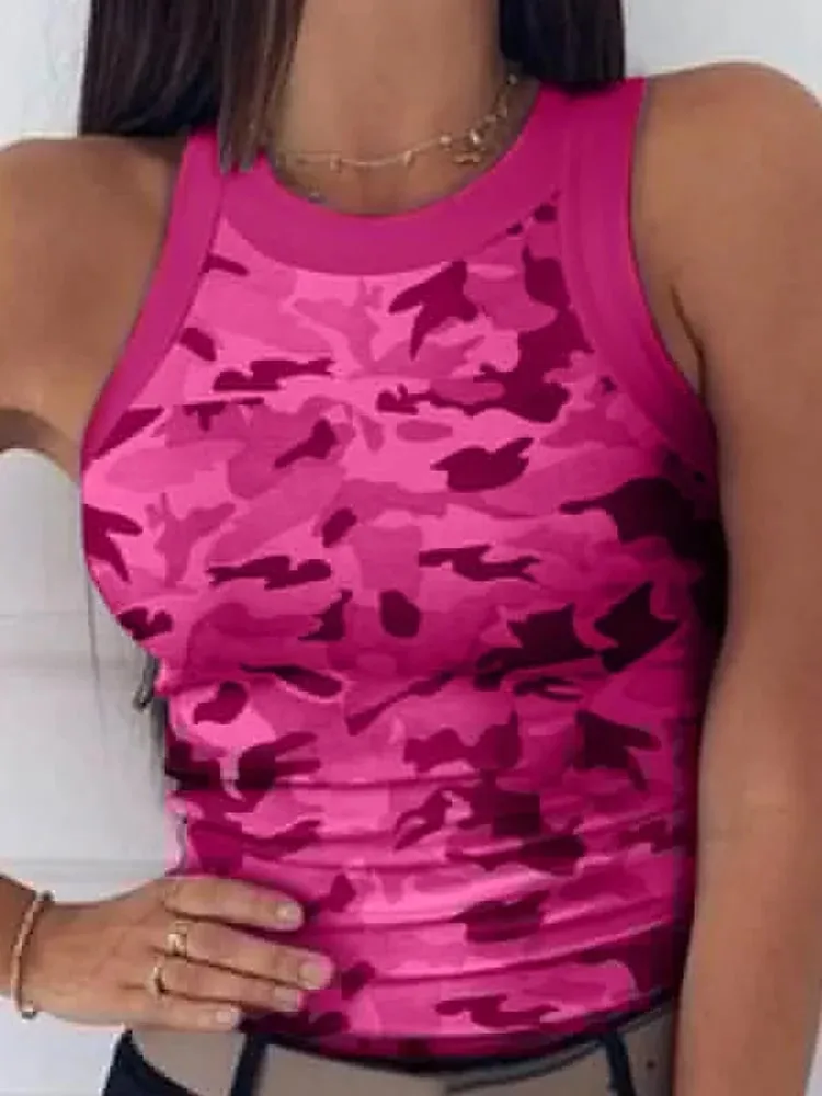 Women Casual Camo Round Neck Ribbed Tank Top Summer Basic Elastic Camisole Sexy Sleeveless Crew Neck Vest Women's Clothing