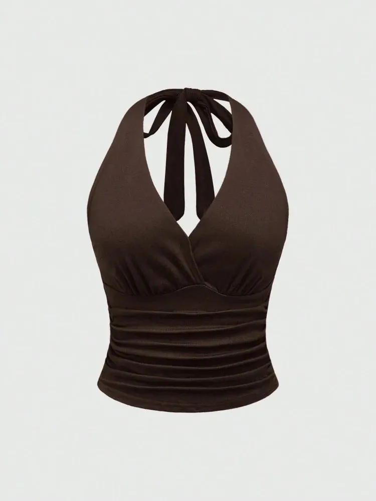Solid V-neck Backless Halter Crop Top for Women Summer Sexy Y2K Sleeveless Ruched Top Streetwear