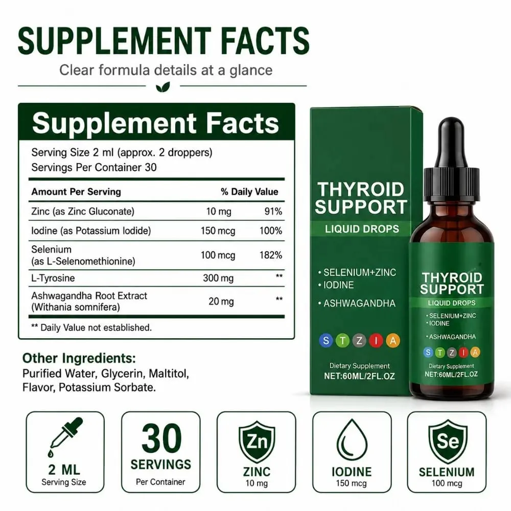 Docteat Gotas líquidas de suporte para tireóide selênio zinco iodo L-tirosina Ashwagandha 60ml 30 porções para homens e mulheres diariamente