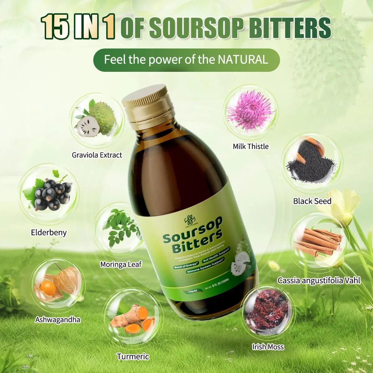 Líquido amargo de graviola com moringa e cúrcuma para limpeza digestiva e intestinal, antioxidante, saúde da pele, regeneração celular imune