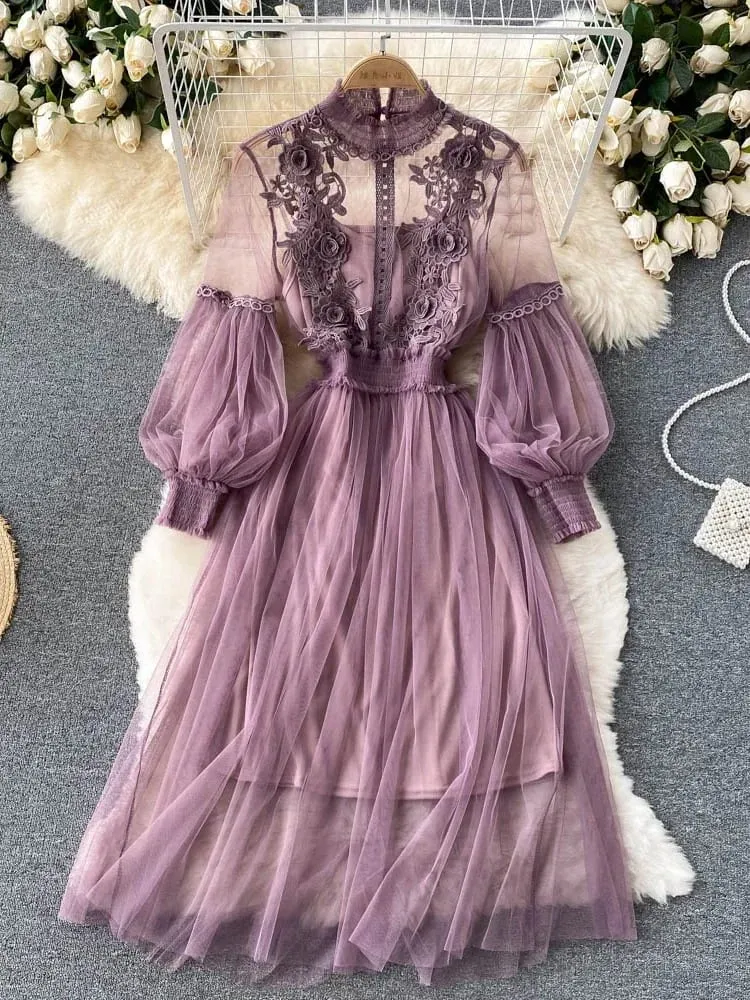 Senhoras vestido tridimensional flor gancho malha temperamento gola lanterna manga cintura alta magro vestidos femininos