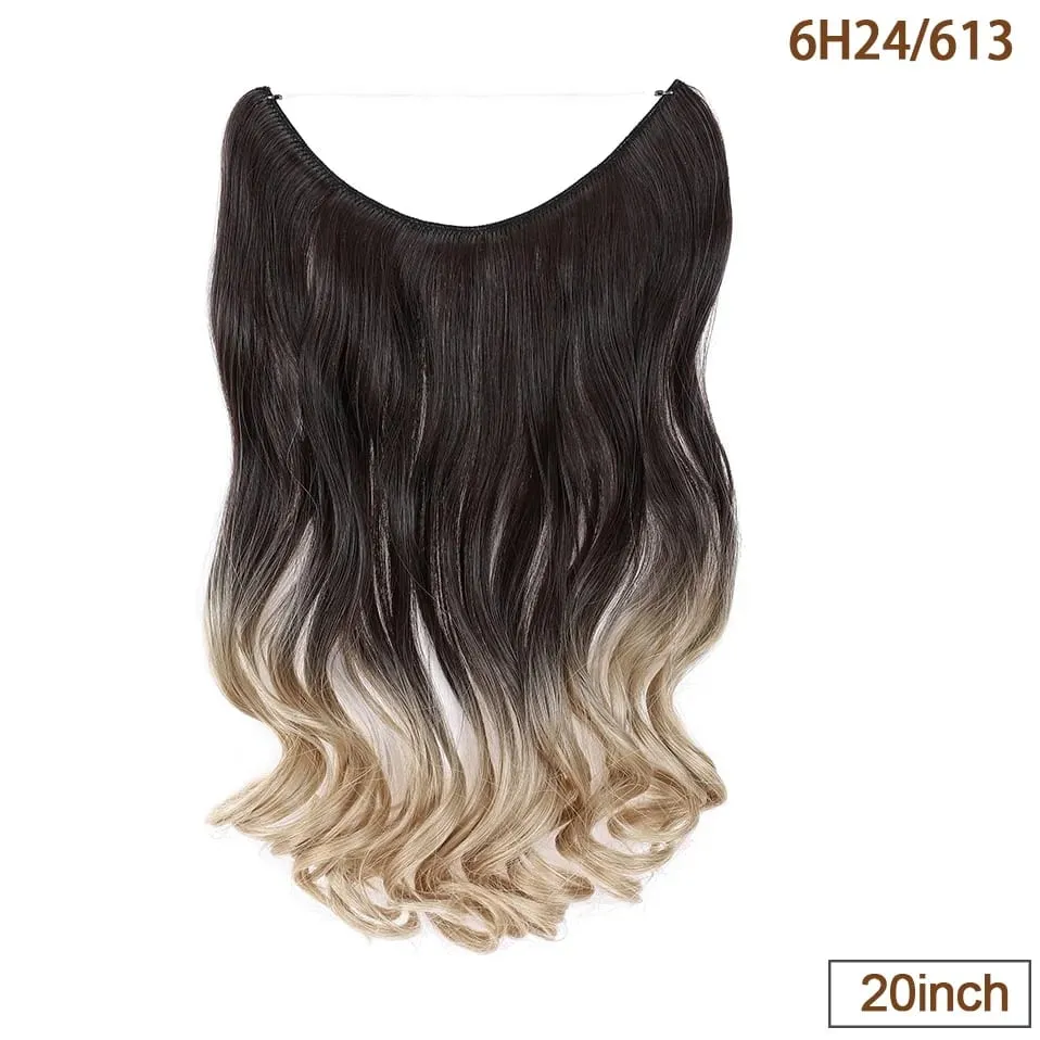 Extensões de cabelo de fio invisível sintético fio transparente ajustável longo ondulado encaracolado secreto hairpiece 20 Polegada para mulher
