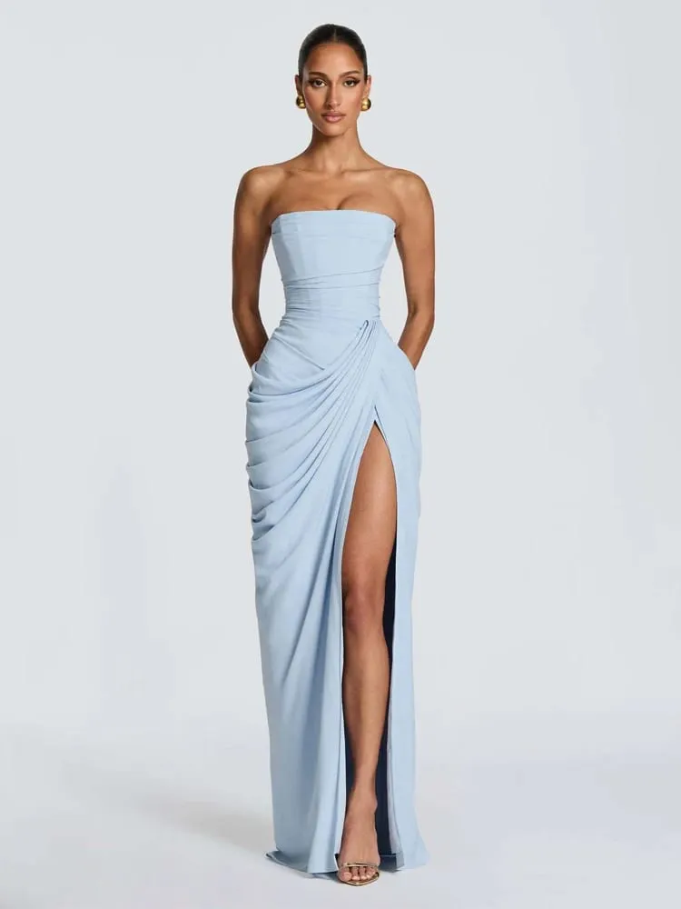 Elegante sólido plissado sem alças maxi vestido amarelo fora do ombro sem costas cintura alta dividir robe 2026 nova senhora vestido de festa à noite