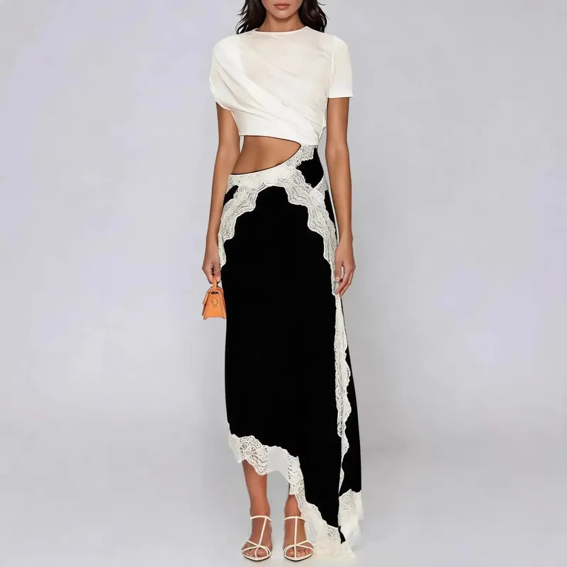 Womens Dresses 2025 Spring Summer New Solid Color Hollow Waist Irregular Lace Splicing Round Neck Short Sleeve Casual Dress