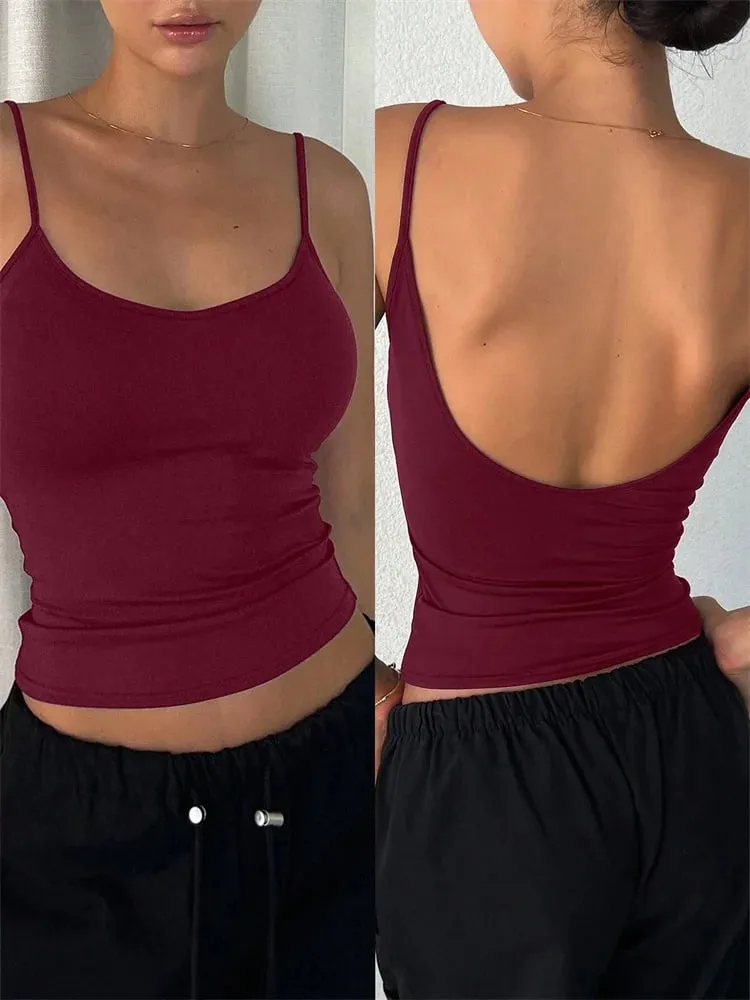Mulheres sem costas cami colheita topo verão cor sólida casual sem mangas topo streetwear y2k roupas — image 15