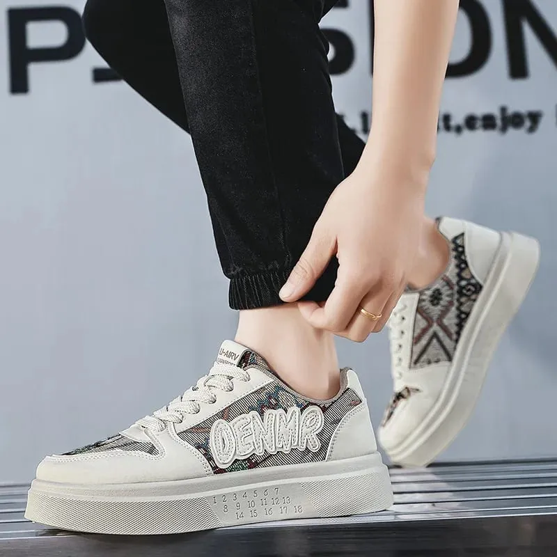 Homens primavera verão tênis plataforma sapatos de retalhos étnicos tecido casual skate rendas até calçados masculinos