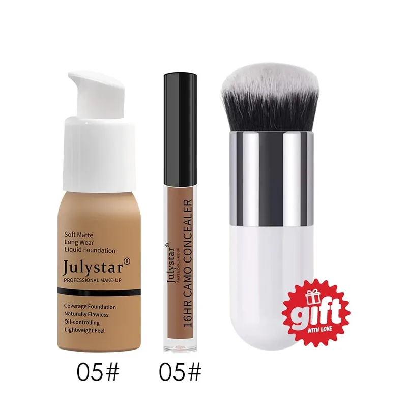 Kit de maquiagem base de 3 peças, base e pincel sem corretivo. Cobertura total leve e mate 16H Oil-Control para um rosto diário natural