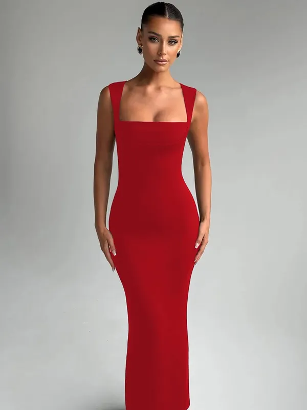 Hugcitar feminino elegante sólido gola quadrada alças sexy bodycon maxi vestido de baile verão feminino y2k roupas festa à noite aniversário
