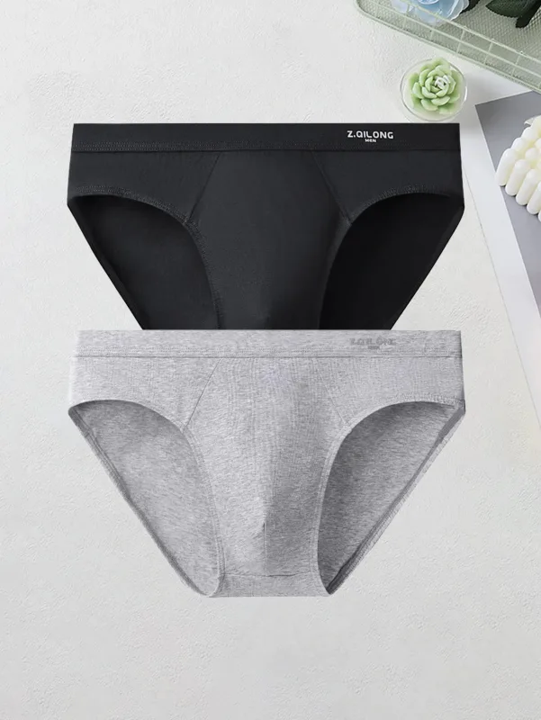 2PCS Men's Cotton Briefs Soft Basic Underwear Mid Waist Comfort Casual Underpants Solid Color Knitted Men's Brief