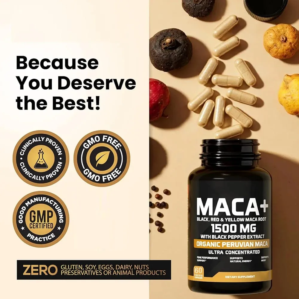 1500mg Raiz de Maca Orgânica Preto Vermelho e Amarelo - 60 Cápsulas - Cápsulas de Raiz de Maca Preta para Homens Suplemento - Não OGM Sem Glúten