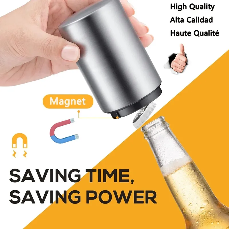 1/2 pçs abridor de garrafa de cerveja automático ímã abridor de cerveja aço inoxidável empurrar para baixo abridor de vinho refrigerante tampa acessório de cozinha — image 3