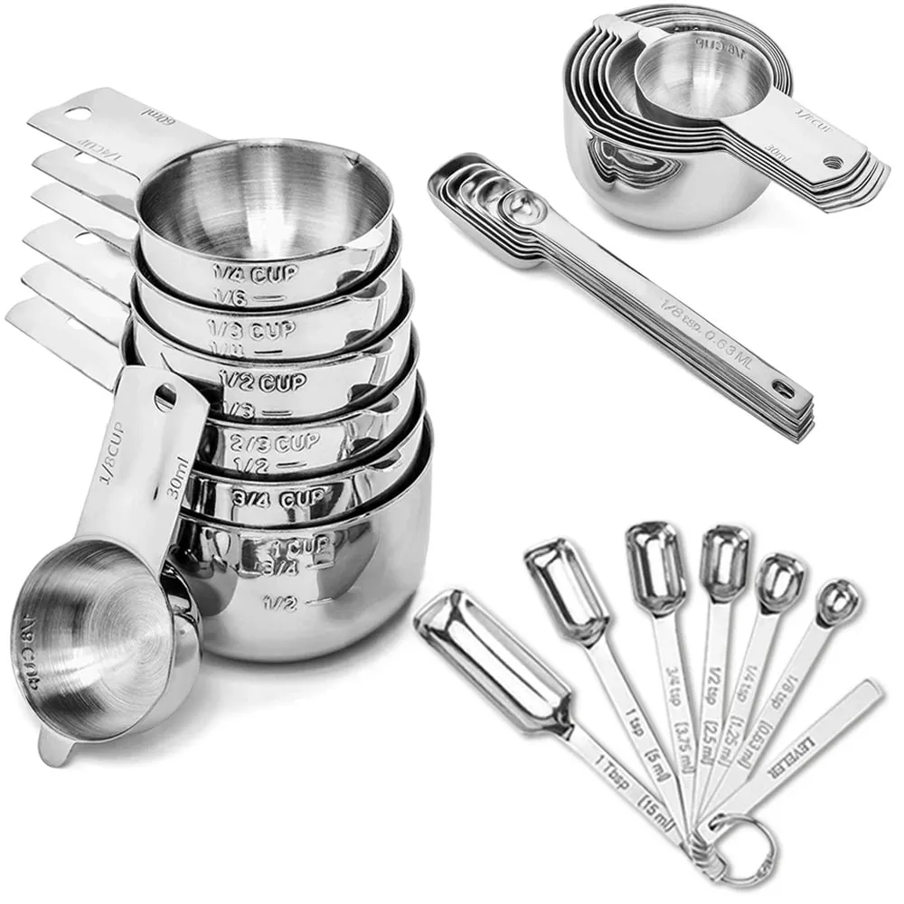 Conjunto de copos e colheres de medição de aço inoxidável, 14 peças com nivelador, ingredientes secos e líquidos, perfeitos para cozinhar e assar
