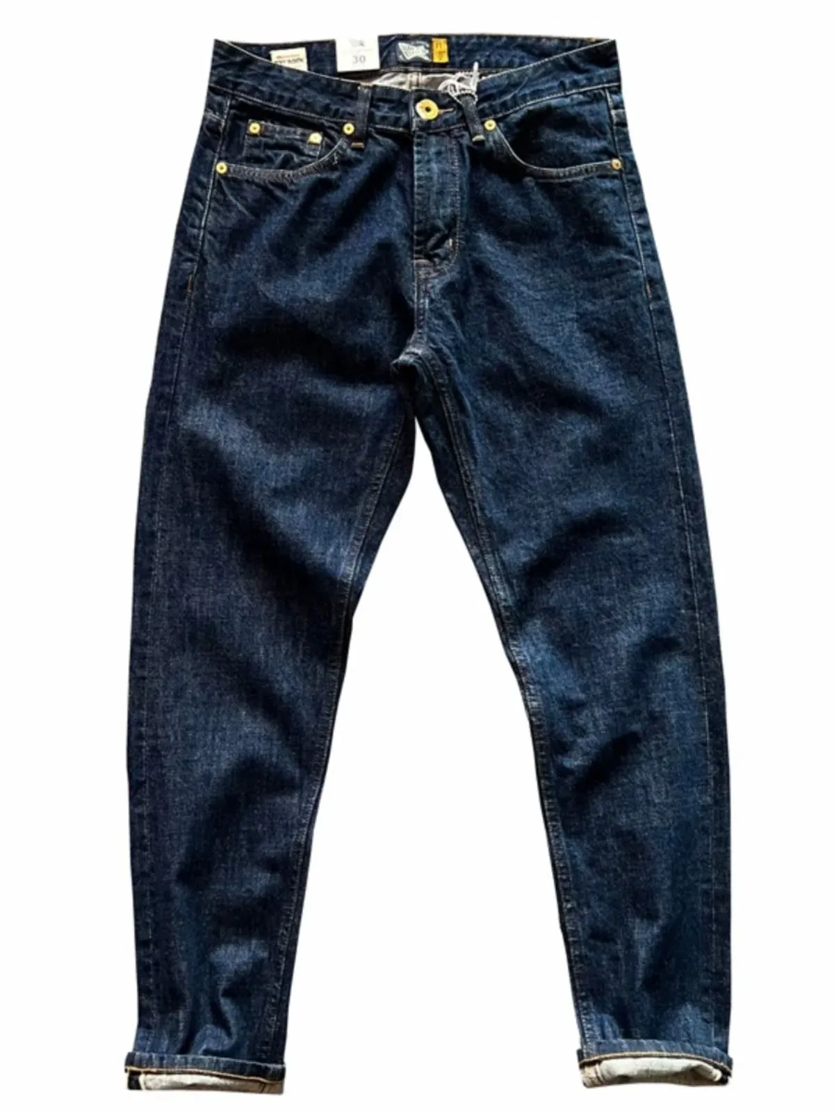 14oz de alta qualidade 100% algodão uma lavagem cru azul profundo jeans jeans para homens vermelho ourela calças retas finas vintage y2k juventude masculino