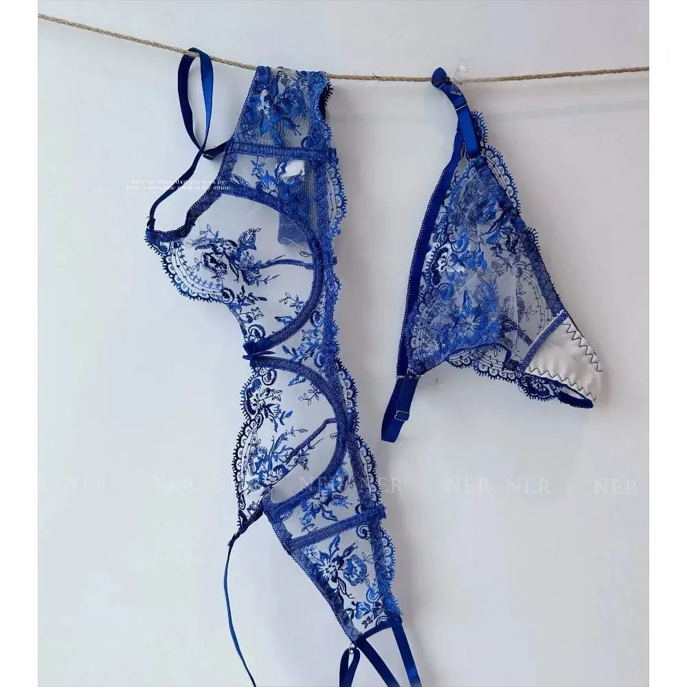 French Style Mesh Embroidery Lace Bra Set With Underwire Slightly Sheer Thin Lingerie Minimizer Bra For Big Bust S-XL