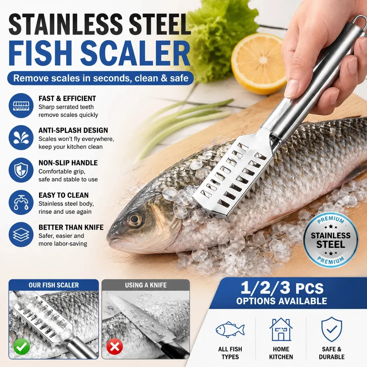 Fish Scale Remover Stainless Steel Anti-Splash Scraper with Ergonomic Non-Slip Grip Rust-Proof Kitchen Gadget for Fish Cleaning