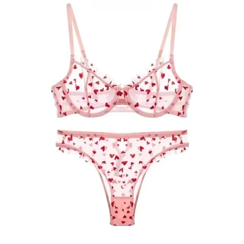 Conjunto de lingerie transparente com estampa de coração francês, sutiã ultra fino com armação, renda sexy, push up, reunião, pequeno impulso de peito, venda quente — image 1