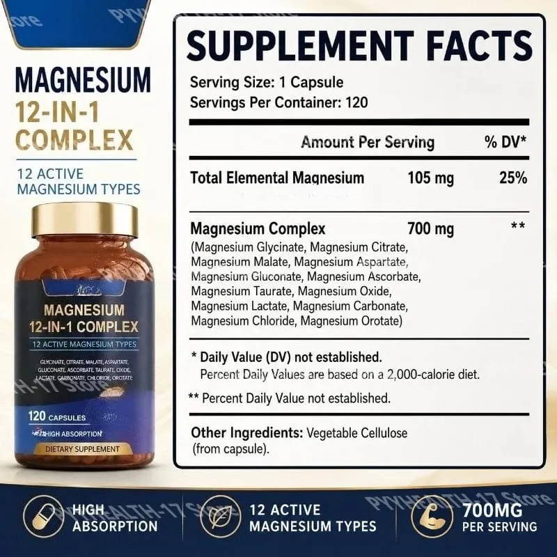 Magnesium 12-In-1 Complex Capsules 12 Active Magnesium Types High Absorption Glycinate Citrate Forms 120 Capsules