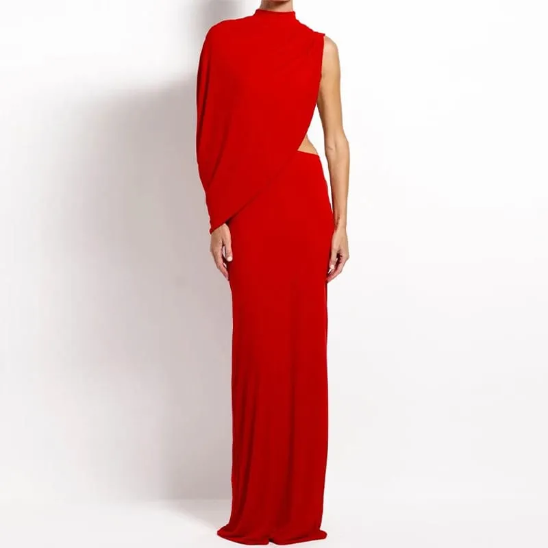 Red Asymmetrical Draped Backless Maxi Dress One Shoulder High Neck Cutout Bodycon Evening Gown For Women Formal Party — image 6