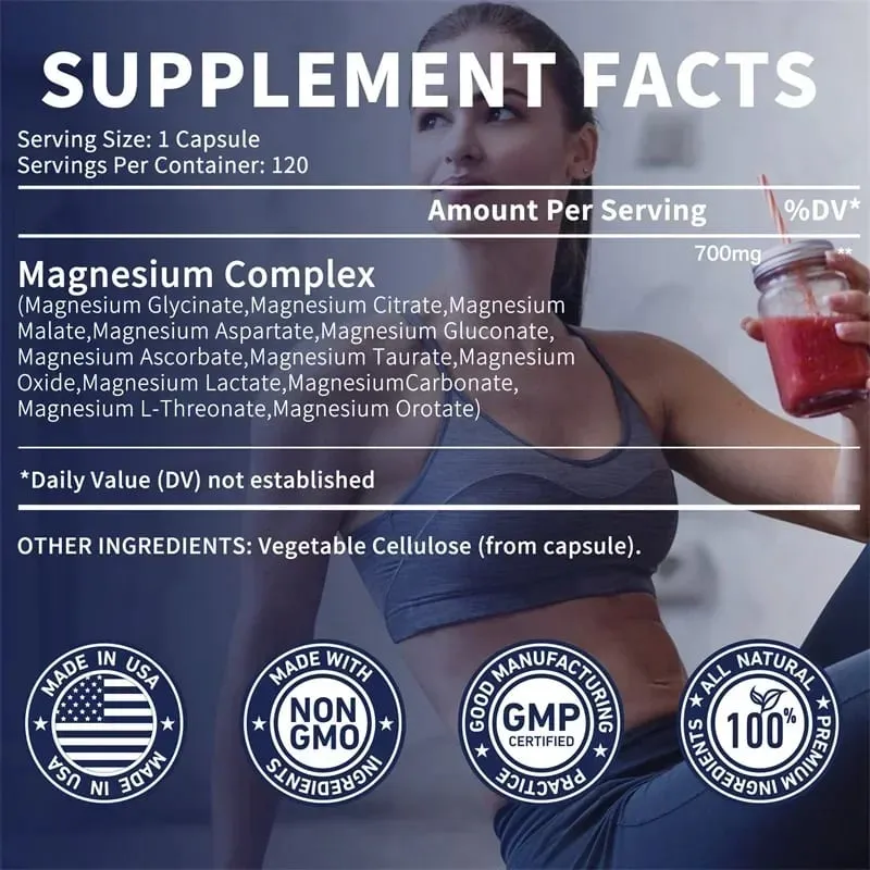Magnesium Complex Capsules - Supports Bone Digestive and Sleep Health Relieves Leg Cramps Soothes Nerves and Boosts Energy