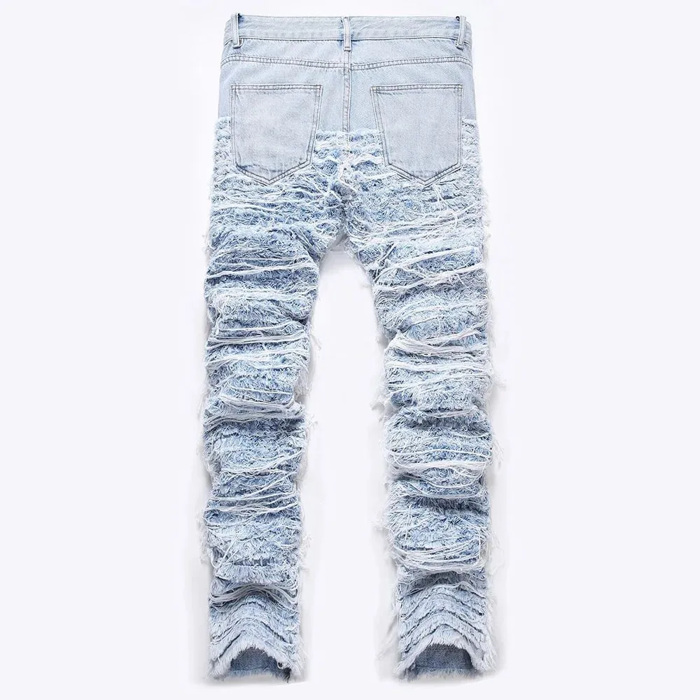 Men's Light Blue Fringe Denim Jeans Ripped Distressed Destroyed Streetwear Pants with Patches Patchwork Loose Fit Trousers