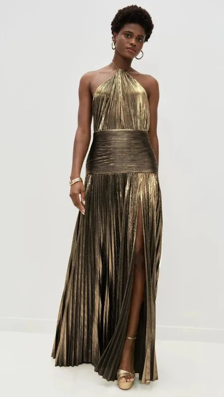 Gold Halter Neck Evening Dress Woman Chic Solid Color Pleated Backless Package Hip Slit Dress Fashion Trendy Lady Party Vestidos