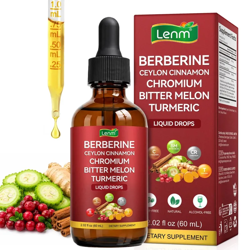 Lenm Berberine Liquid Drops com Ceilão Canela Cromo Melão Amargo Cúrcuma para Suporte ao Bem-Estar Metabólico 60ml 30 Porções