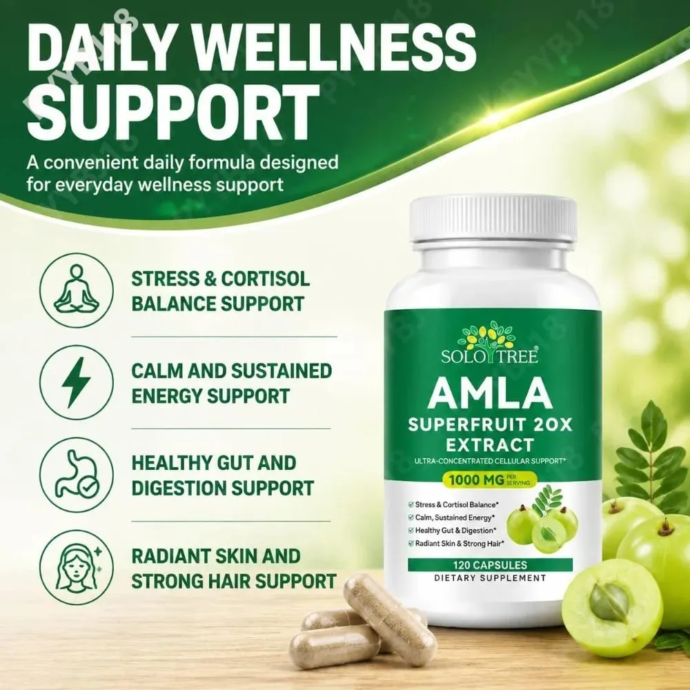 Amla Superfruit 20x Extrato Cápsulas com Phyllanthus Emblica para Promove Energia Calma Saúde Digestiva Pele/Cabelo Radiante 120Ct