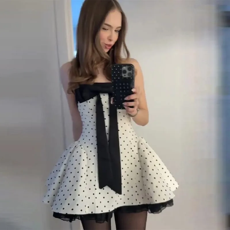Sexy sem alças sem costas polka dot arco uma linha vestido chique fora do ombro festa de aniversário vestidos noite boate mostrar vestidos doces — image 7