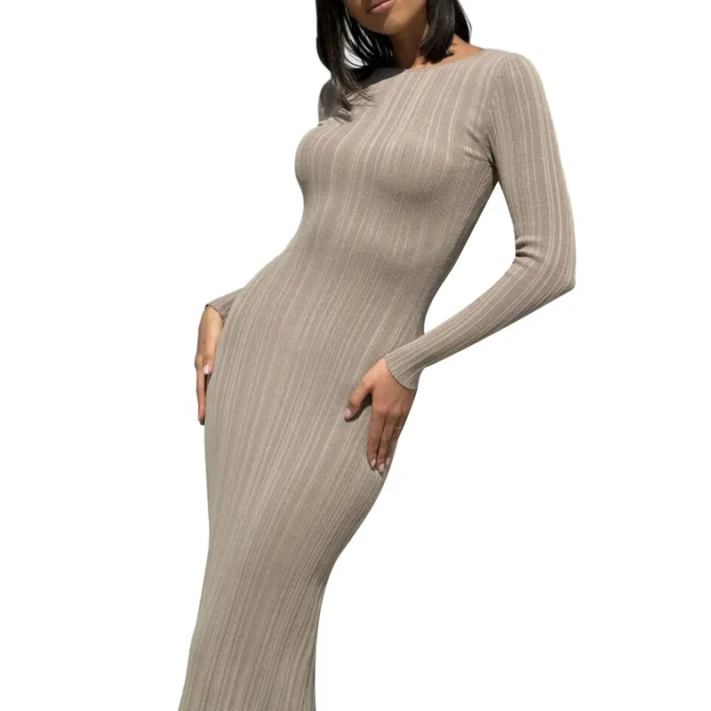 Women Spring Autumn Solid Color Bodycon Knit Dress Long Sleeve Crew Neck Ribbed Dress Slim Fit Long Dress