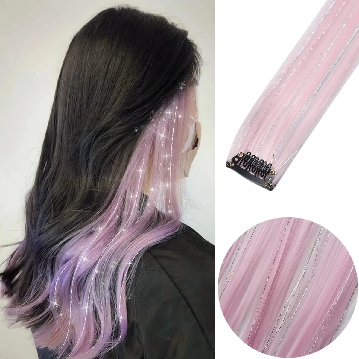 Clipe em extensões de cabelo coloridas mistas prateadas enfeites de cabelo sintético arco-íris destaques de festa de feriado para mulheres e meninas