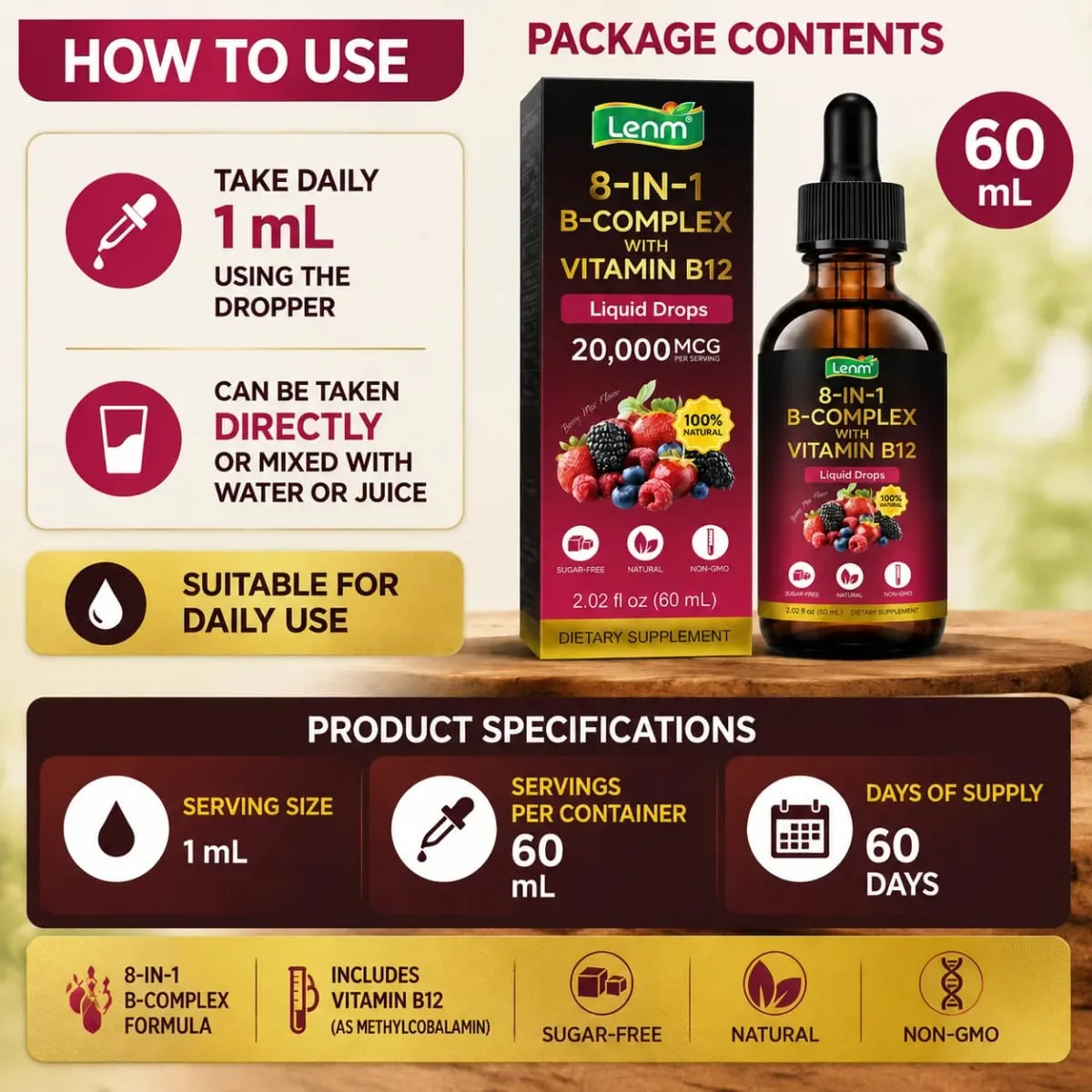 Lenm Vitamin B12 B-Complex Liquid Drops 8 em 1 apoia o sistema nervoso, a saúde imunológica e a energia diária 60 ML sem açúcar e não OGM