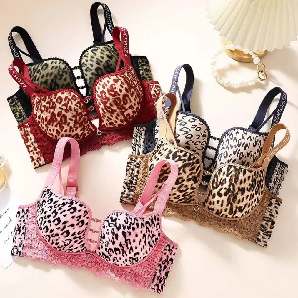 plus Size Thin Wireless Minimizer Bra Leopard Print Gather Anti-Sagging Comfort Lingerie for Big Bust Women