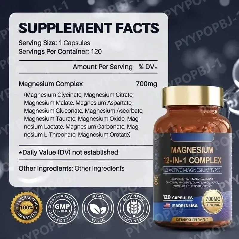 Cápsula de magnésio contém citrato de glicinato e aspartato, etc., suplemento complexo, relaxamento muscular, suporte à saúde do coração, contagem de 120