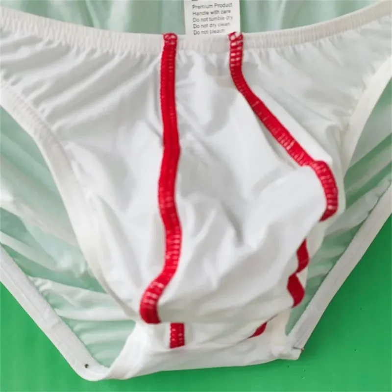 Two Line Stripe Ice Silk Briefs for Men Plus Size Underwear Sexy U Convex Lingerie Low Waist Bugle Pouch Male Panties