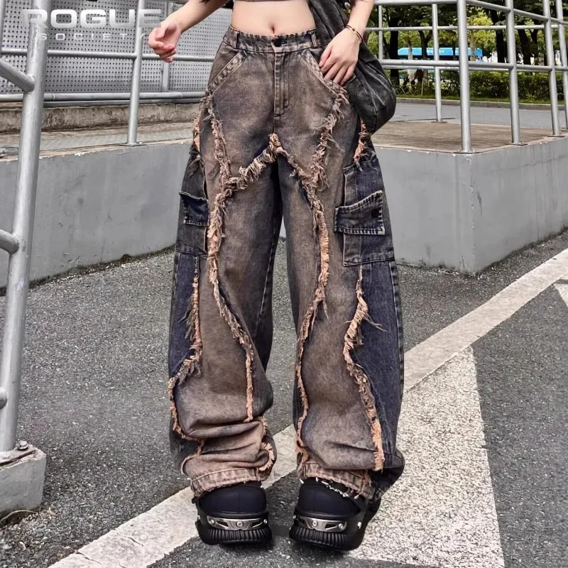 Y2k grunge desconstruído jeans desgastados unissex retalhos lavados perna larga calças jeans hip hop streetwear harajuku punk
