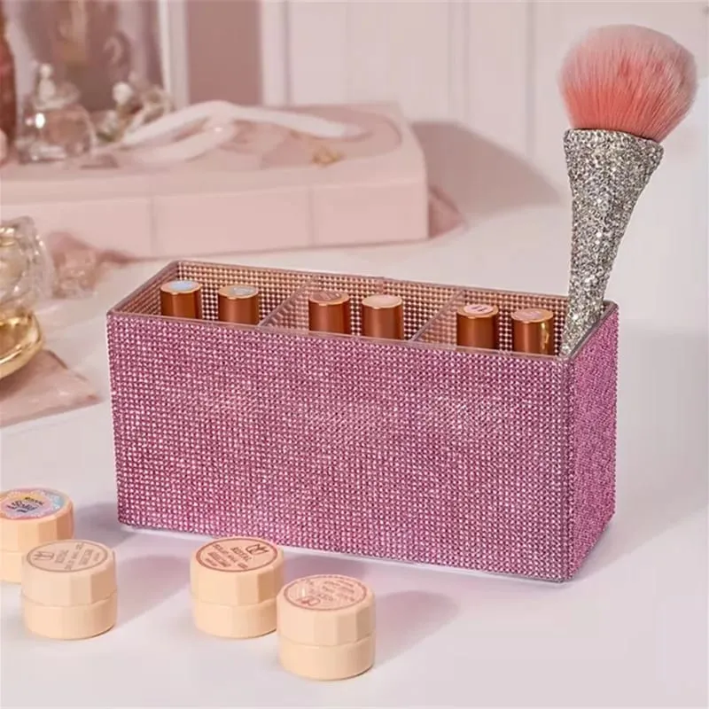 Organizador de pincéis de maquiagem com strass brilhante, com 3 compartimentos, pincéis de maquiagem de grande capacidade, batom, caixa de armazenamento de ferramentas cosméticas