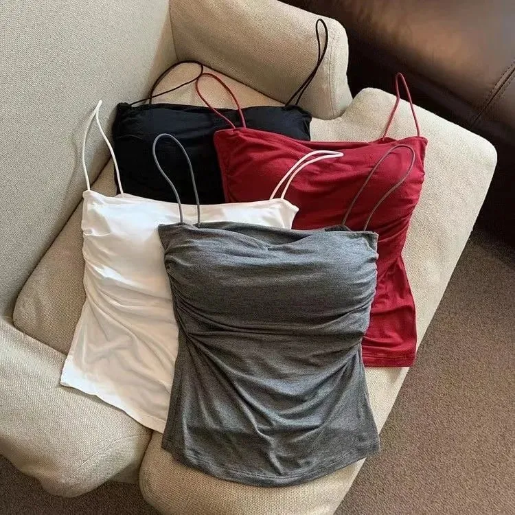 Top curto sexy com alças finas, regata branca lisa, estilo coreano, sem mangas, roupa íntima feminina, camisola justa
