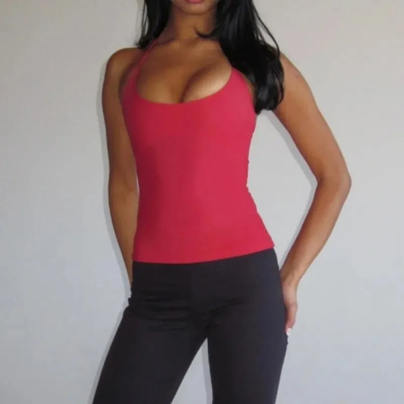 Women Y2k Spaghetti Straps Halter Tank Top Solid Slim Fitted Scoop Neck Camisole Tops Cute Summer Cropped Cami Tops