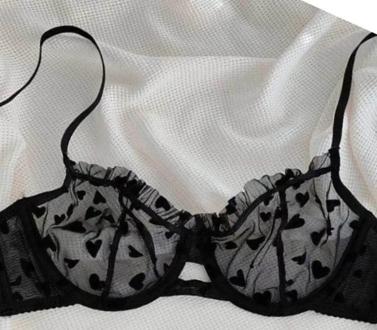 Conjunto de lingerie transparente com estampa de coração francês, sutiã ultra fino com armação, renda sexy, push up, reunião, pequeno impulso de peito, venda quente — image 14